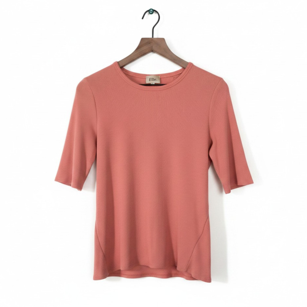 Elie Tahari Pima Cotton Ribbed Knit Tee Coral Short Sleeve Stretch Top Size L